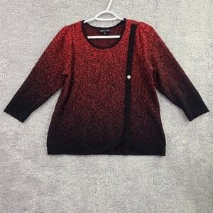 Adrienne Vittadini Sweater Women's Large Red Black Shimmer 3/4 Sleeve Party